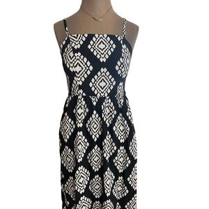 Monochrome linen blend h Ikat Print MED Smocked Maxi Dress boho whimsygoth